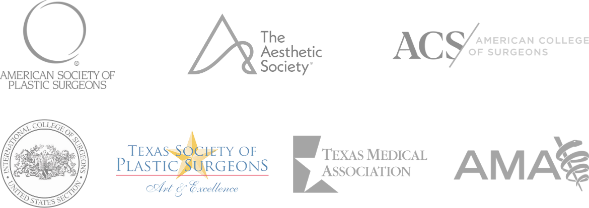 American Society of Plastic Surgeons, The Aesthetic Society, American College of Surgeons, International College of Surgeons, Texas Society of Plastic Surgeons, Texas Medical Association, AMA Logos