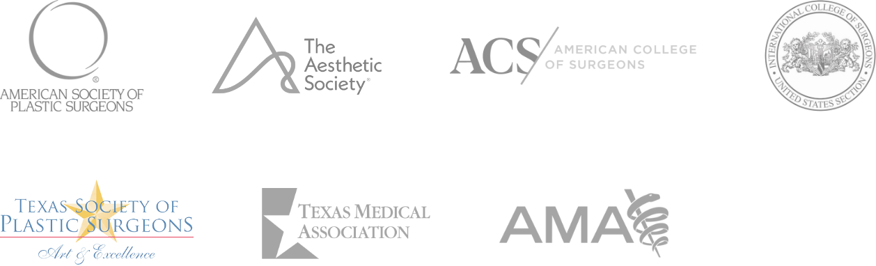 American Society of Plastic Surgeons, The Aesthetic Society, American College of Surgeons, International College of Surgeons, Texas Society of Plastic Surgeons, Texas Medical Association, AMA Logos
